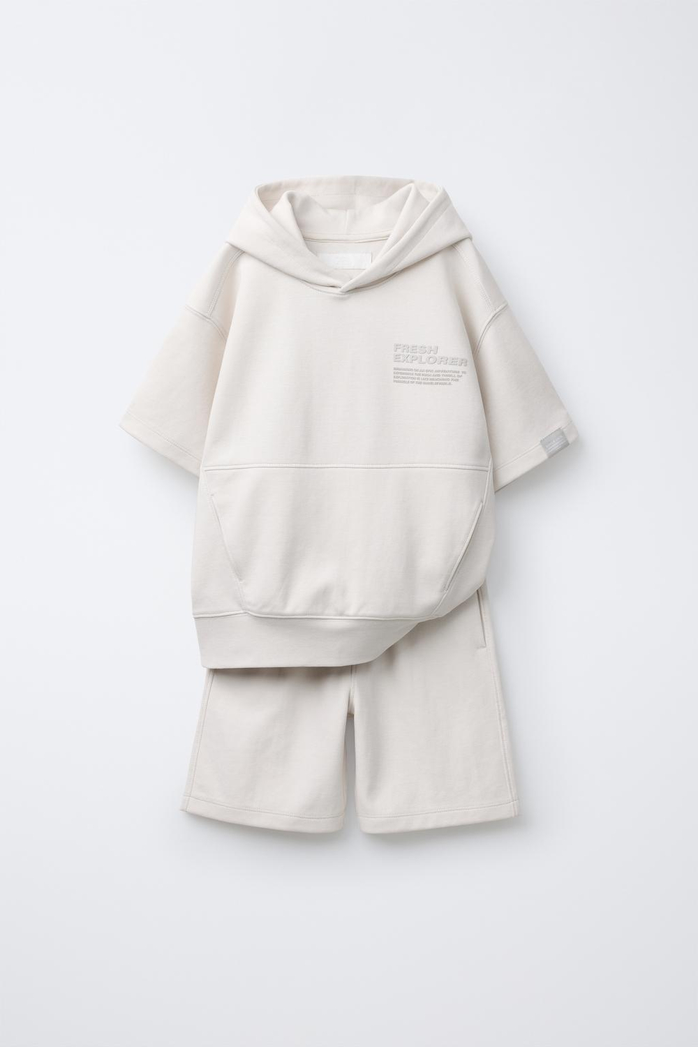 ZARA КОМПЛЕКТ ИЗ ТОЛСТОВКИ И ШОРТОВ INTERLOCK, ЭКРЮ