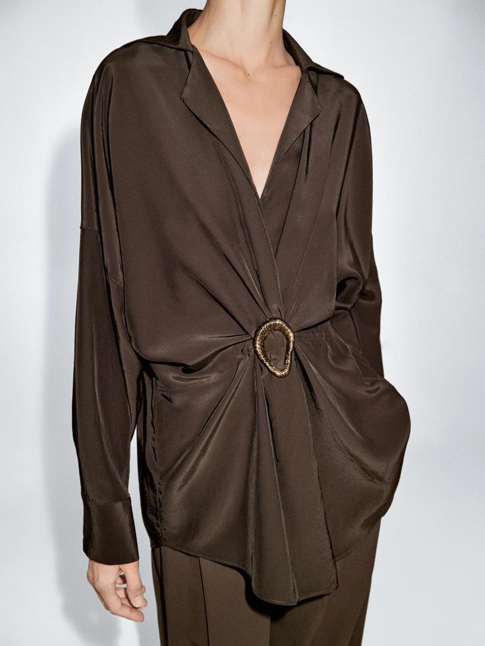 Massimo Dutti Длинная рубашка с деталью «Брошь», коричневый