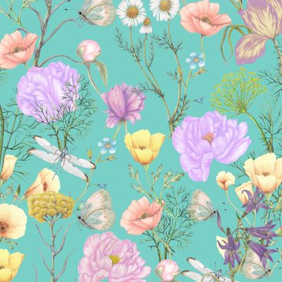 Цветы и стрекозы на бирюзе Flowers dragonflies turquoise vintage