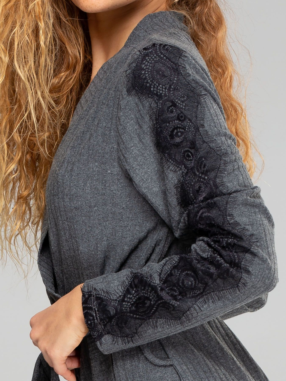 Женский домашний халат-кардиган из вискозы (Размер: L) (Цвет: серый)