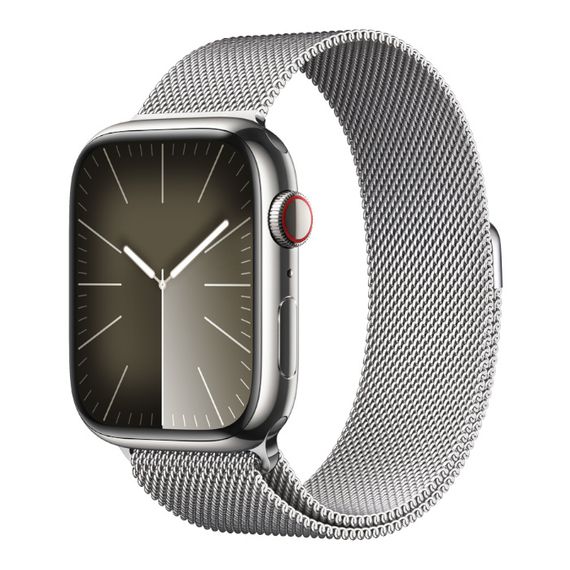 Часы Apple Watch Series 9 GPS + Cellular 45 мм, корпус нержавеющая сталь серебро, миланский сетчатый браслет серебристый