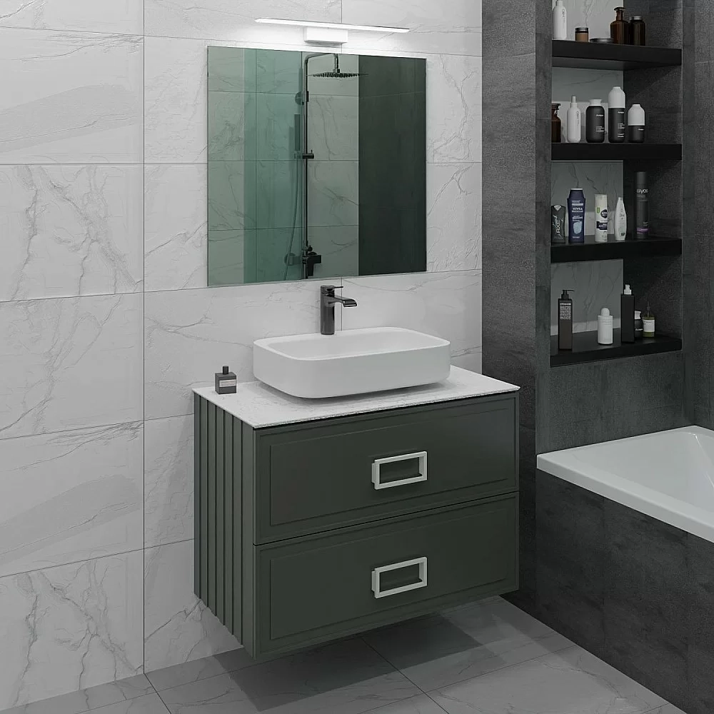 Тумба с раковиной LA FENICE Cubo Grigio TWIN 90 серая, столешница белая/ручки белые