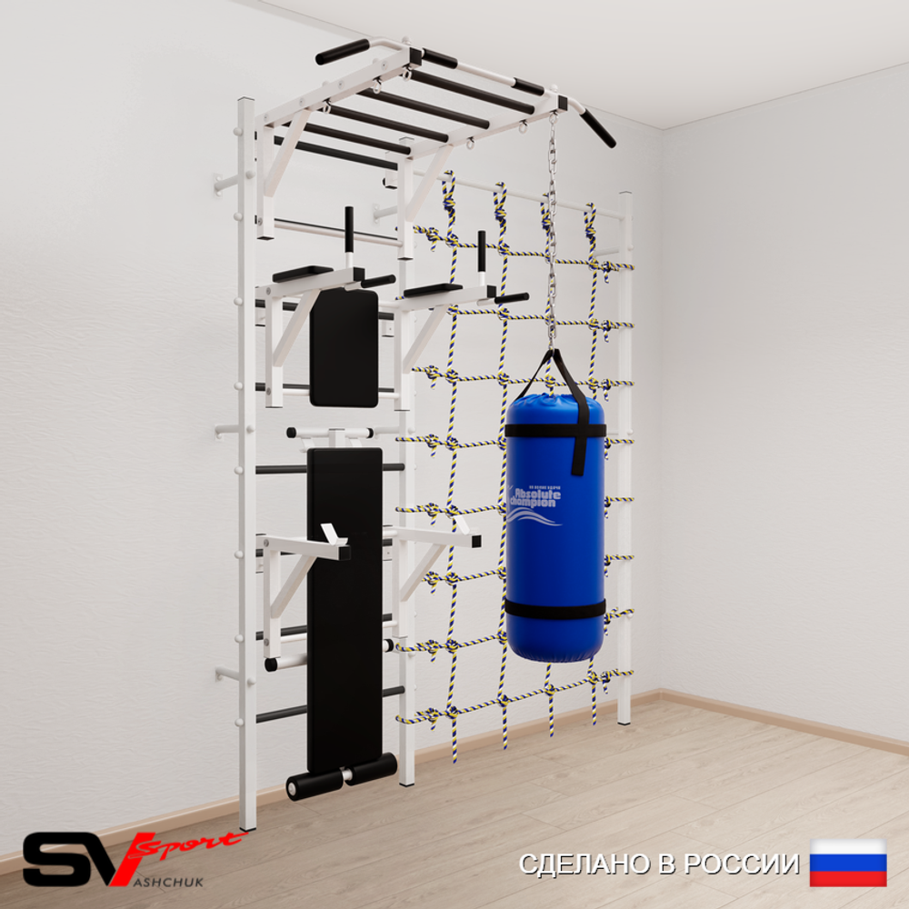 Шведская стенка Sv Sport усиленная 62630 (Турник рукоход/Брусья/Стойка/Скамья/Цепь/Мешок 30кг/Канатный лаз)