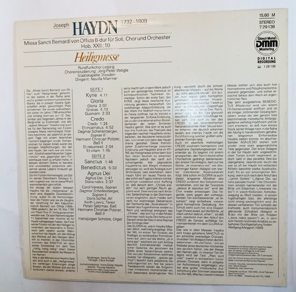 Винтажная виниловая пластинка Joseph Haydn Гайдн Йозеф Heiligmesse Missa Sancti Bernardi Von Offida B dur Fur Soli, Chor Und Orchester Hob. XXII 10 (GDR 1988)