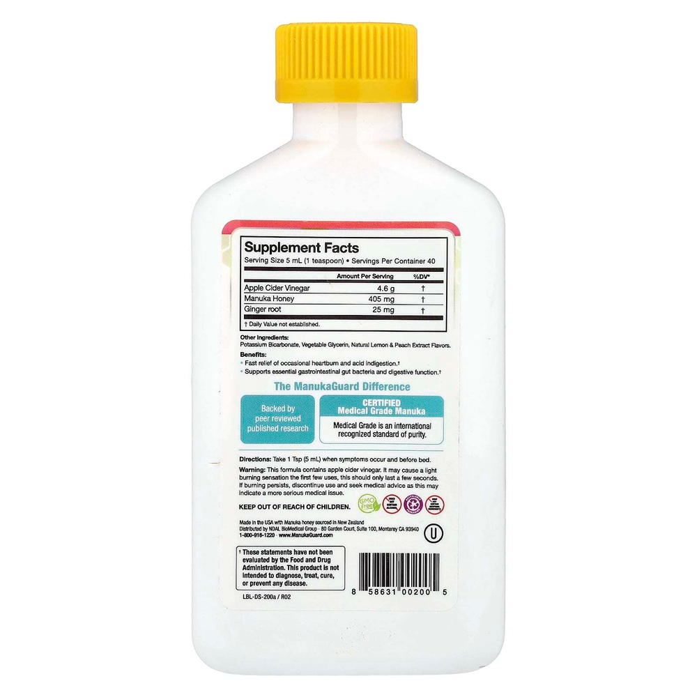 ManukaGuard, мед манука, натуральный мед манука, лимон и персик, 200 мл (6,8 унции)