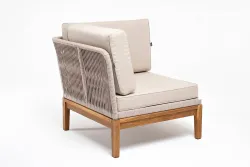 "Канны" угловой модуль плетеный из роупа, основание дуб, роуп бежевый круглый, ткань бежевая 052