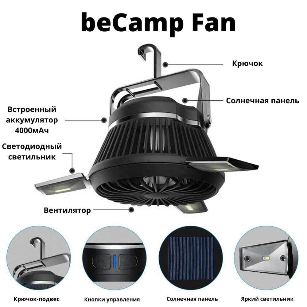 Туристический кемпинговый вентилятор с лампой beCamp Fan