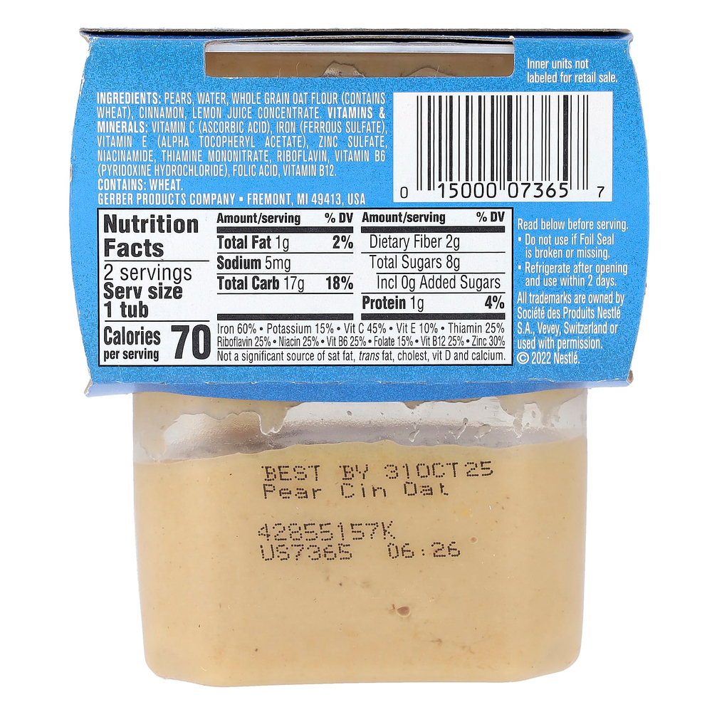 Gerber, Natural for Baby, Grain & Grow™, 2nd Foods®, овсяная каша с грушей и корицей, 2 пакетика по 113 г (4 унции)