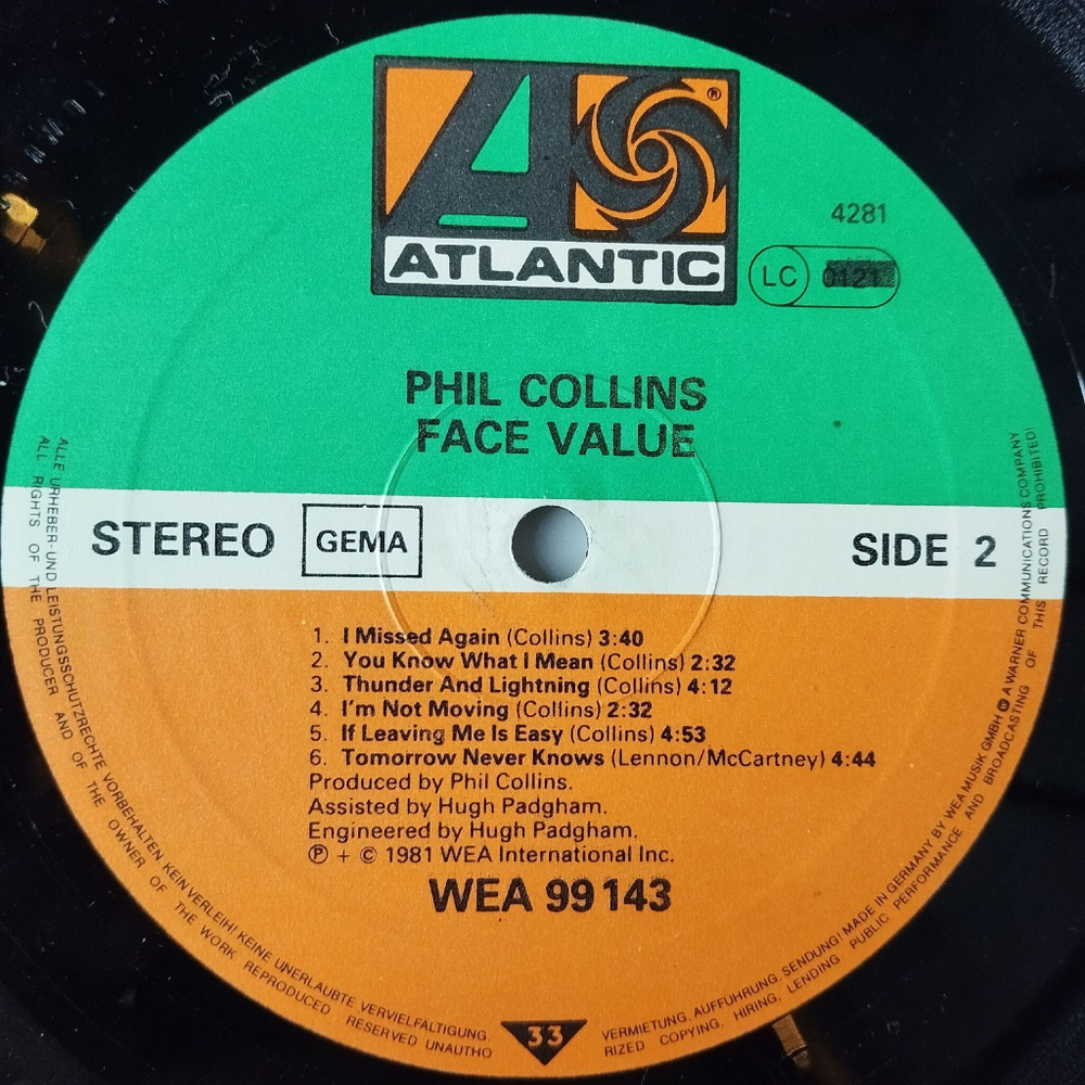 Винтажная виниловая пластинка LP Phil Collins Face Value (Germany 1981) The Roof Is Leaking