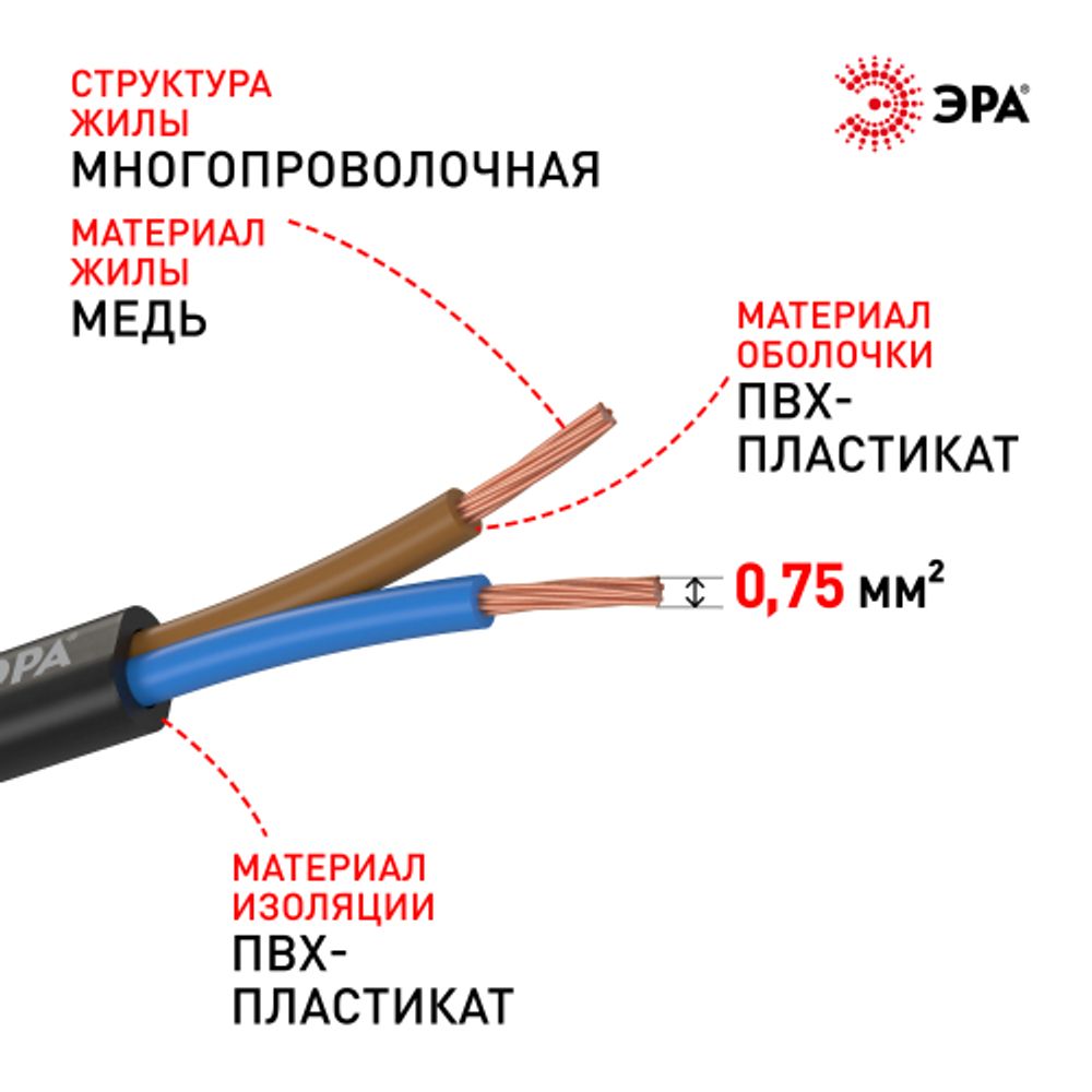 Провод ЭРА ШВВП 2х0,75 мм2 100м чёрный