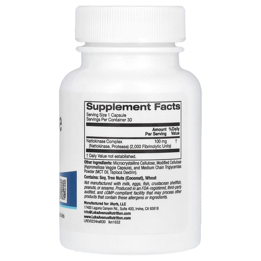 Lake Avenue Nutrition, Наттокиназа, протеолитический фермент, 2000 FU, 30 растительных капсул