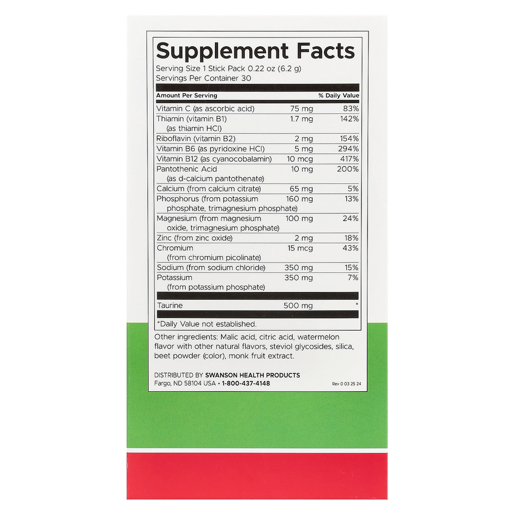 Swanson, Simply Hydrate, смесь для гидратации электролитов, арбуз, 30 пакетиков в стиках по 6,2 г (0,22 унции)