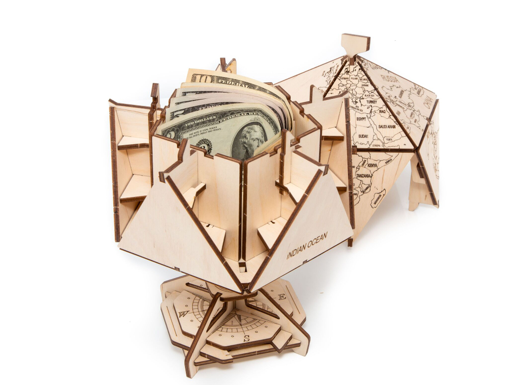 Конструктор деревянный 3D EWA Глобус Икосаэдр с секретом (шкатулка, сейф) синий