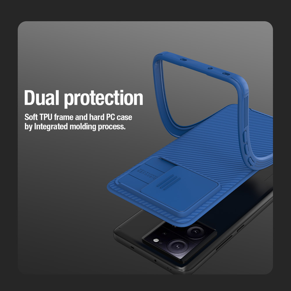Чехол синего цвета с защитной шторкой для камеры от Nillkin на Xiaomi 13T, 13T Pro и Redmi K60 Ultra, серия CamShield Pro Case