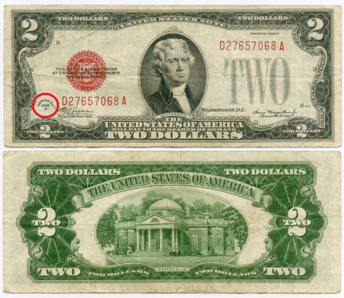 Банкнота США 2 доллара 1928D D27657068 A. VF