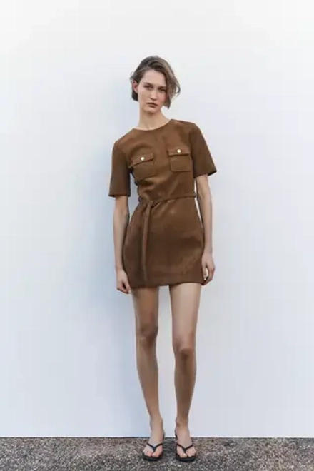 ZARA ПЛАТЬЕ ИЗ ИСКУССТВЕННОЙ ЗАМШИ С ПОЯСОМ, ТАБАЧНО-КОРИЧНЕВЫЙ