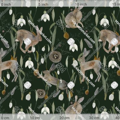 Зайчики и подснежники (темно-зеленый фон) by Евгения Топоркова 366 DPI