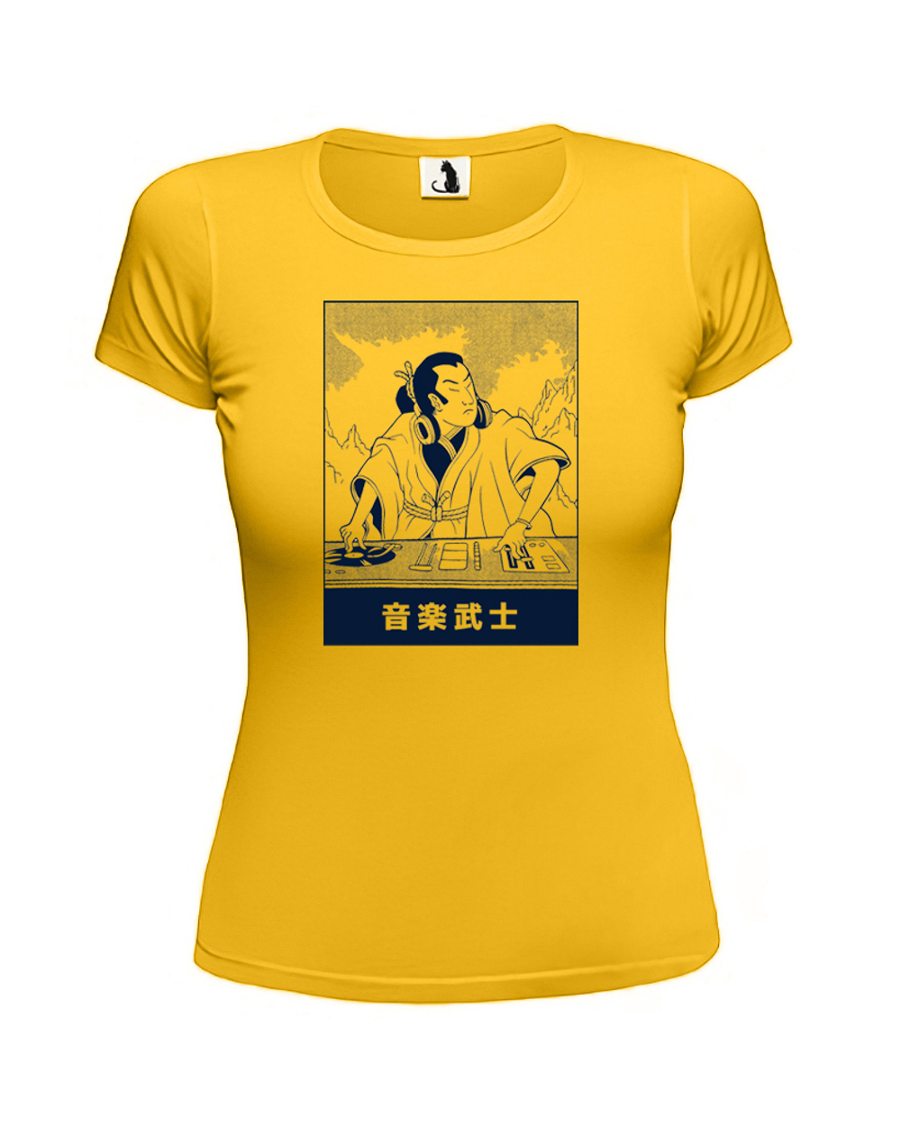 Футболка Диджей-самурай женская приталенная желтая с синим рисунком