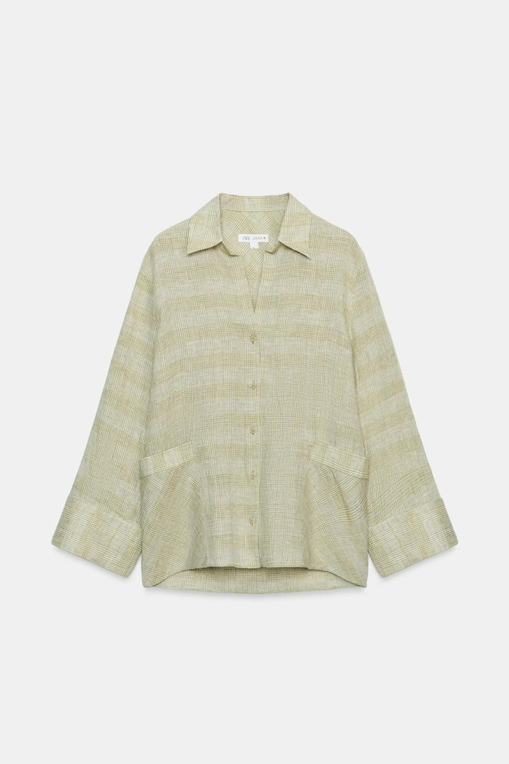 ZARA РУБАШКА ИЗ ЛЬНА В КЛЕТКУ — ZW COLLECTION, ЗЕЛЕНЫЙ