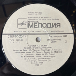 Винтажная виниловая пластинка LP Игорь Корнелюк, Билет На Балет (СССР 1989)