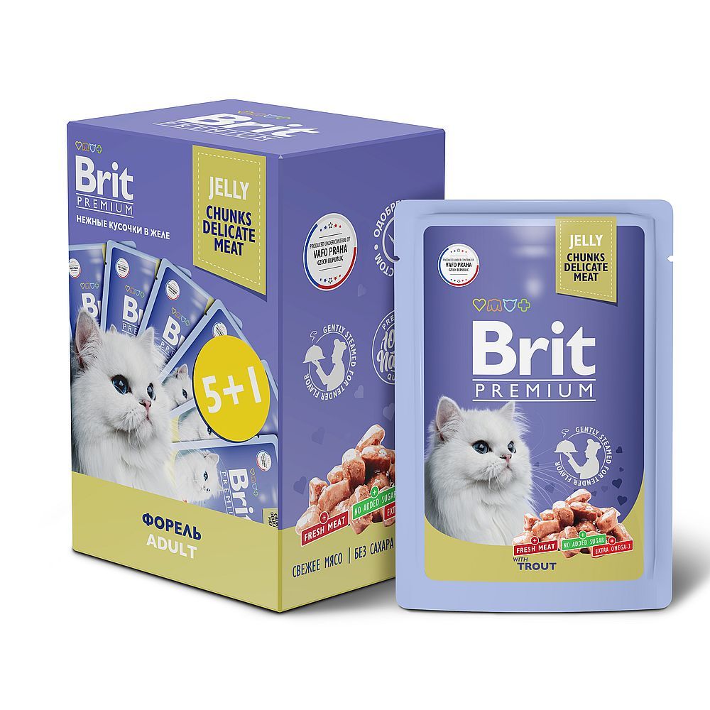 Набор влажных кормов Brit Premium для взрослых кошек с форелью в желе, Паучи 5+1 по 85 г
