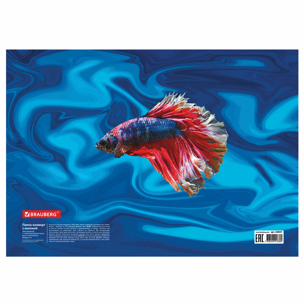 Папка-конверт с кнопкой BRAUBERG "SEA WORLD" А4 160 мкм до 100 листов цветная печать (12 штук в упаковке)