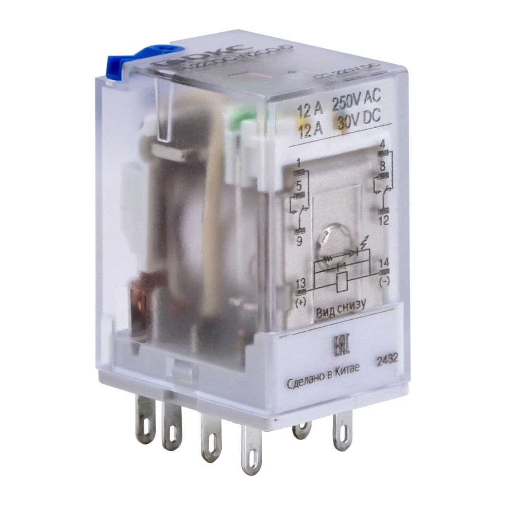 Реле миниатюрное промышленное общего назначения c норм. срабатыванием 0,6UN, 2CO, ком. ток 12А, AgSnO2, напряжение 220V DC, опция: тест-кнопка+светодиод+защитный диод