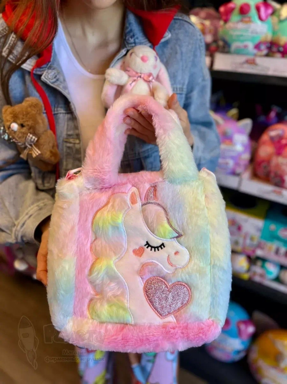 Сумка плюшевая пушистая через плечо сумочка игрушка единорог