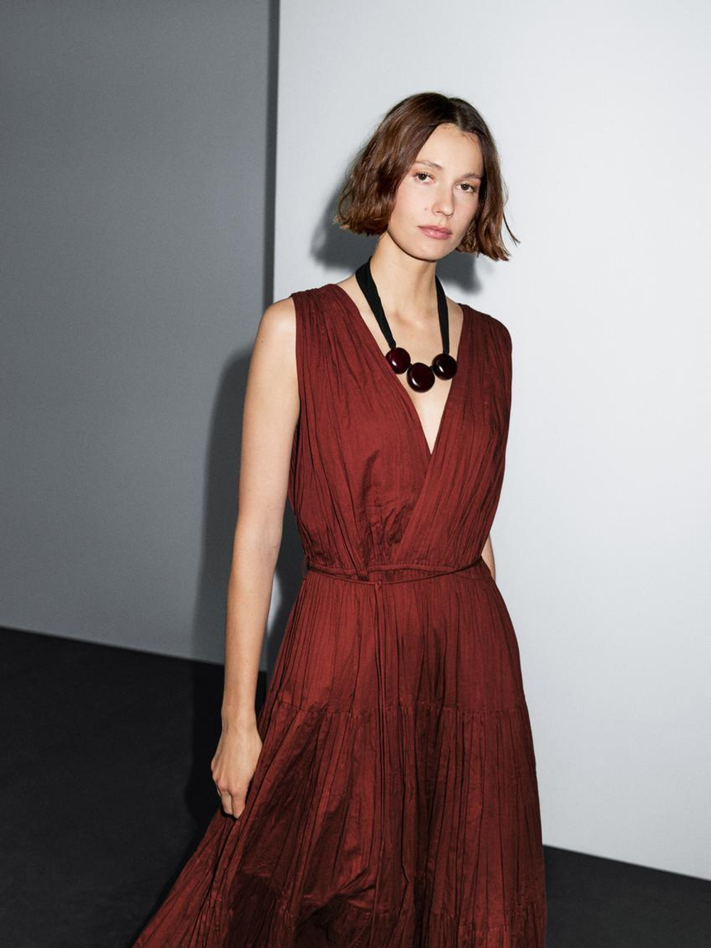 Massimo Dutti Длинное платье из 100% хлопка со складками, черепичный