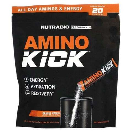 Электролиты NutraBio, Amino Kick, апельсин и манго, 20 пакетиков по 9 г (0,32 унции)