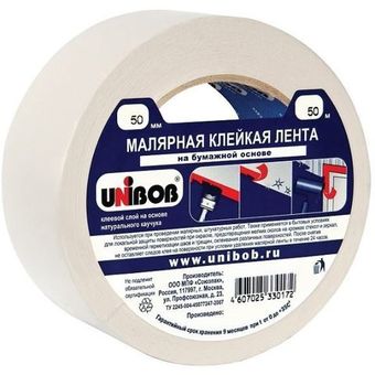 Лента клейкая малярная (крепп) UNIBOB 50 мм х 50 м белая