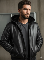 Куртка бомбер кожаная на меху с капюшоном