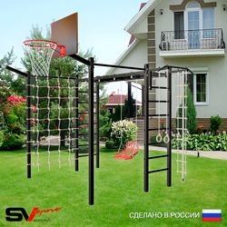 Уличная шведская стенка Sv Sport рукоход с комплектом турник прямой 2шт У5387К (Турник/Со спинкой/Щит баскет/Кронш бокс/Канат/кольца/лестница/Сетка)