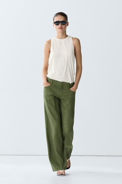 Massimo Dutti Прямые брюки из смесовой льняной ткани, зеленый