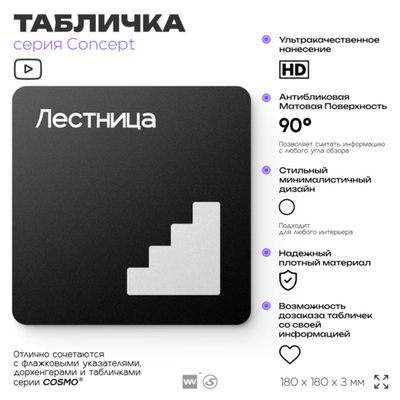 Табличка Лестница, на дверь и стену, навигационная и информационная, серия CONCEPT, 18х18 см, Айдентика Технолоджи