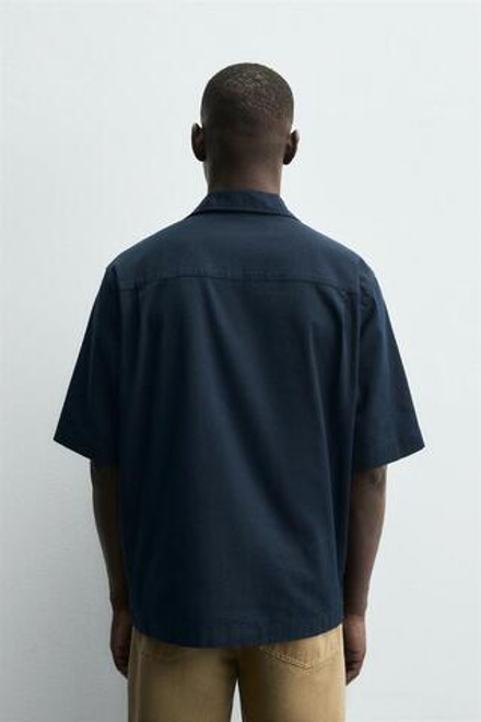 ZARA РУБАШКА-ПОЛО ИЗ ХЛОПКА И ЛЬНА, МОРСКОЙ СИНИЙ