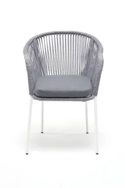 "Лион" стул плетеный из роупа, каркас из стали белый муар, роуп светло-серый круглый, ткань светло-серая