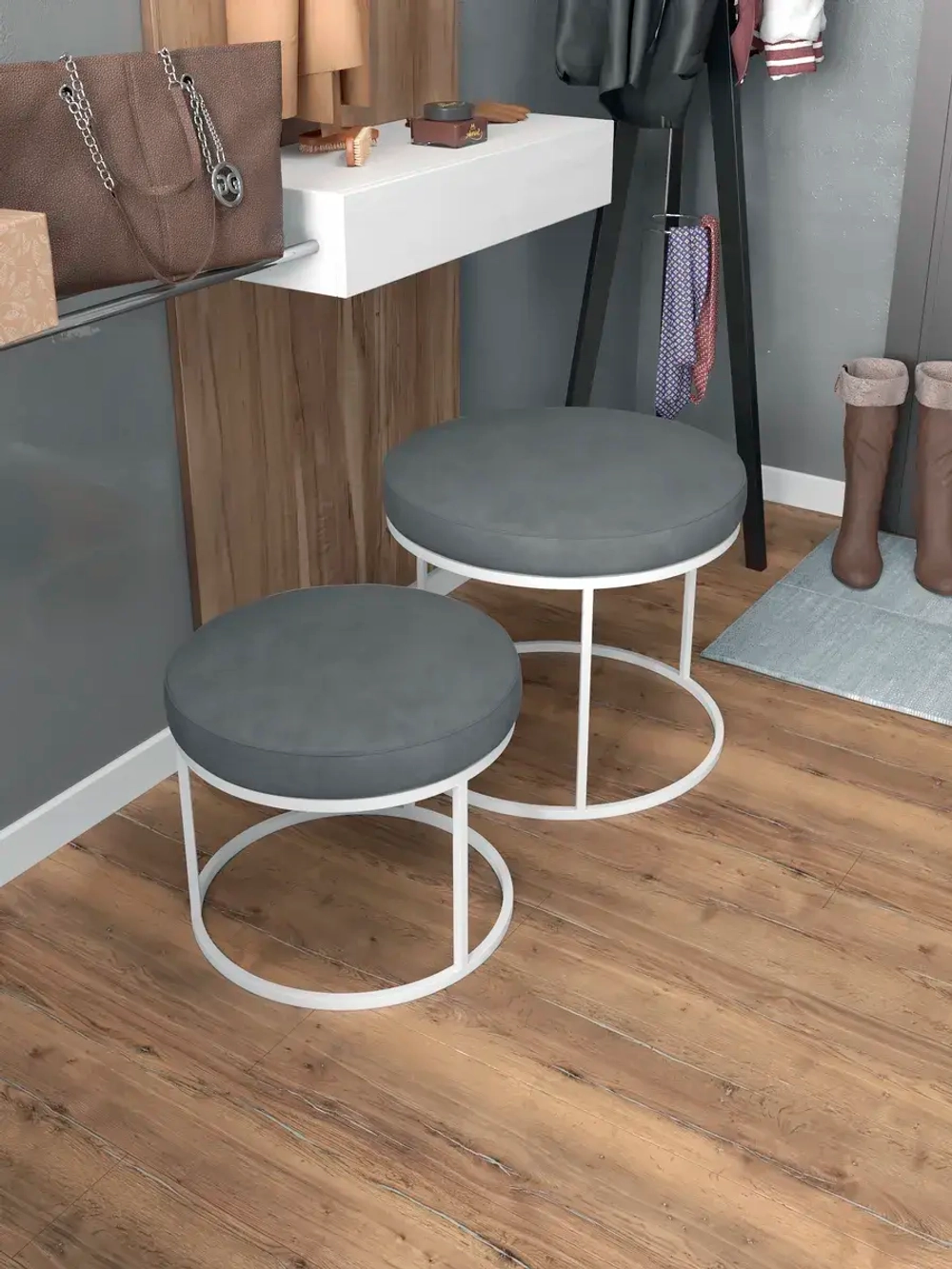 Комплект круглых банкеток - БСЕР - серое на белом