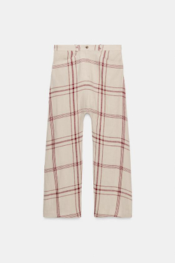 ZARA БРЮКИ БАГГИ ИЗ ЛЬНА В КЛЕТКУ — ZW COLLECTION, ЭКРЮ/КРАСНЫЙ