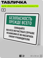 Табличка для обеспечения безопасности "Безопасность прежде всего", для производства, предприятия, 40х30 см, Silver Plane x Айдентика Технолоджи