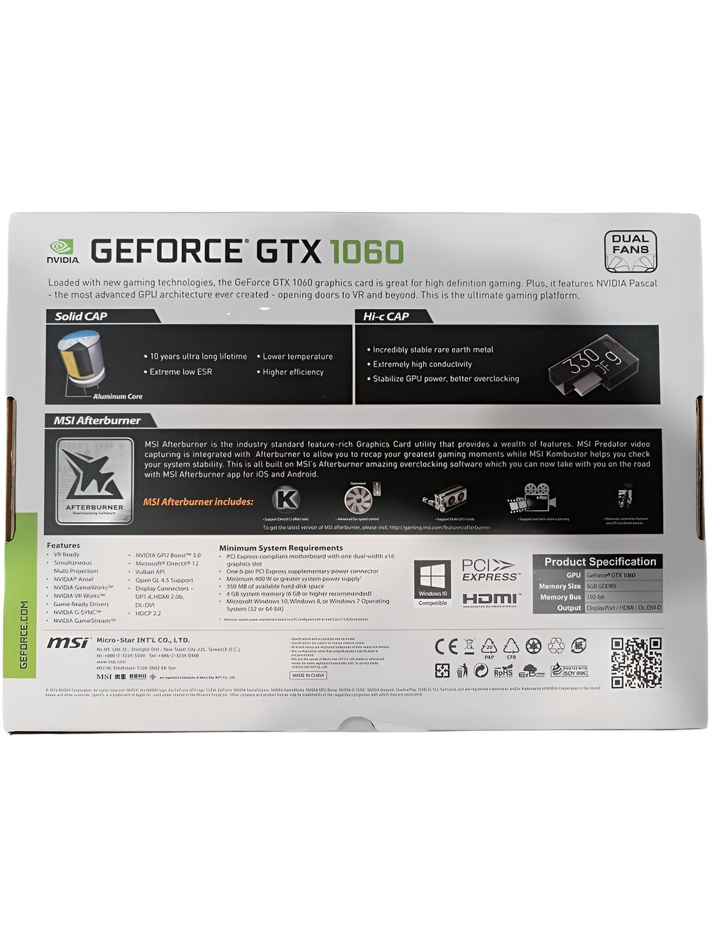 Видеокарта MSI GeForce GTX 1060 OC 6Gb OCV1