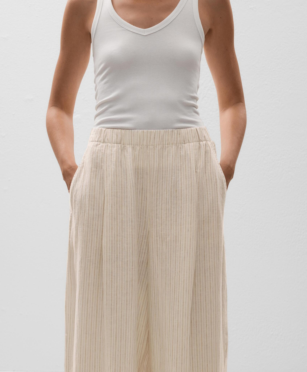 OYSHO Брюки широкие в полоску из 100% льна, светло-бежевый