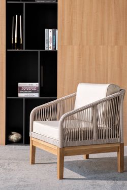 "Канны" кресло плетеное из роупа, основание дуб, роуп бежевый круглый, ткань бежевая 052