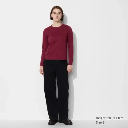 UNIQLO ФУТБОЛКА С КРУГЛЫМ ВЫРЕЗОМ И ДЛИННЫМ РУКАВАМИ, ВИННЫЙ