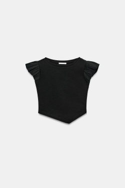 ZARA ФУТБОЛКА С КОРОТКИМИ РУКАВАМИ И ВОЛАНАМИ, ЧЕРНЫЙ