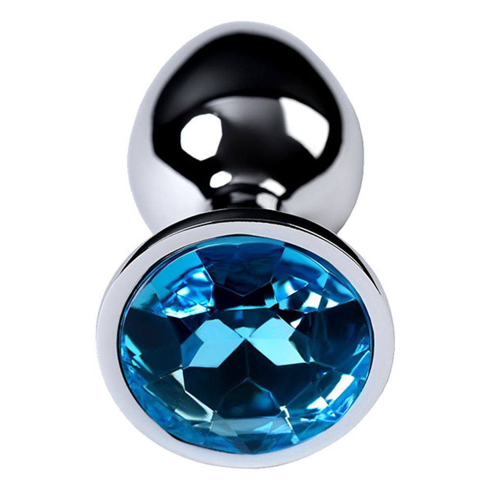 Маленькая коническая серебристая анальная пробка 7см с голубым кристаллом ToyFa Metal 717001-14