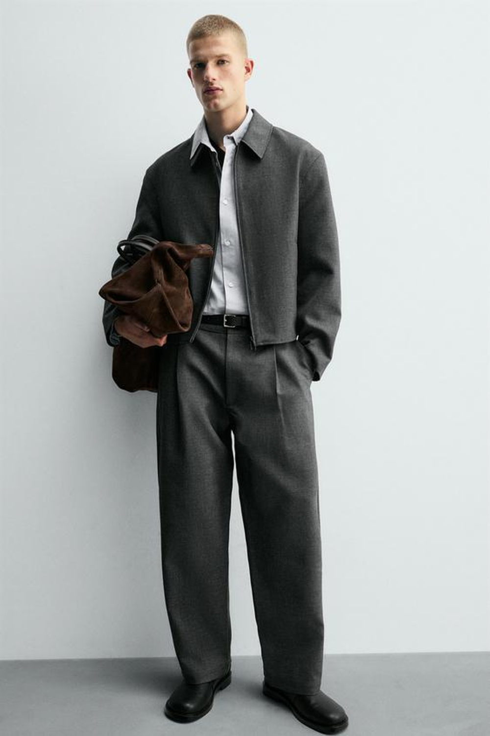 ZARA БРЮКИ BALLOON FIT С ЗАЩИПАМИ, СЕРЫЙ МЕЛАНЖ