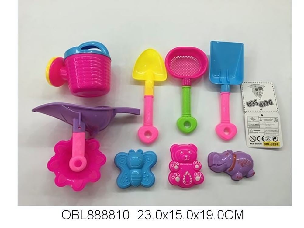 Набор для игры в песок (8предм.) лейка,2совка,сит,тачка,форм,сет.C236
