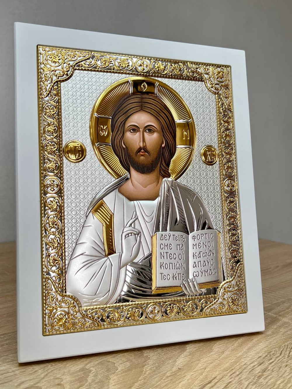 Спаситель, икона прямоугольная с рамкой, белое дерево 150х190