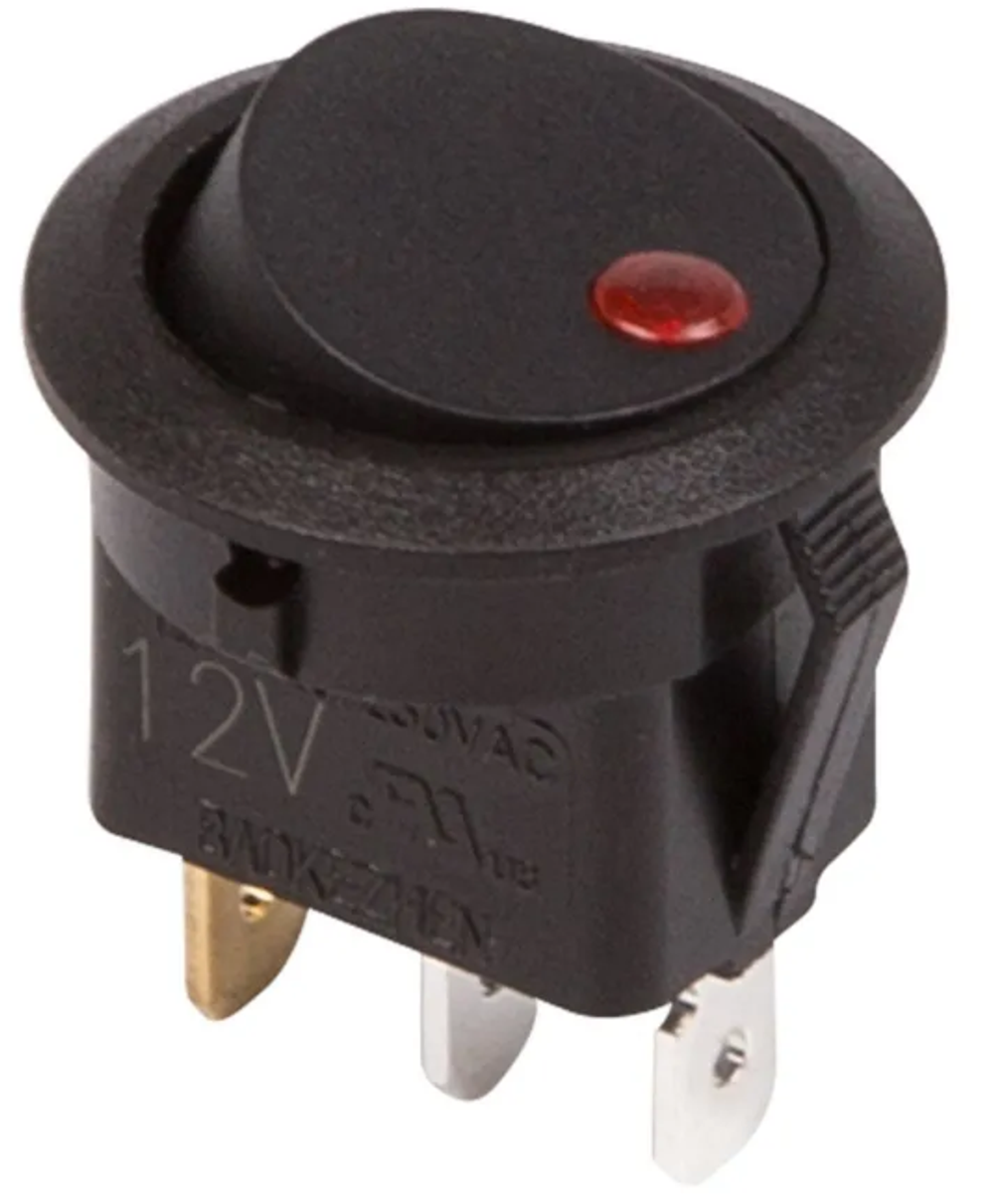 Клавиша-кнопка Круглая 1пол 12V 16А (3с) ON-OFF черная, красный диод REXANT 362580